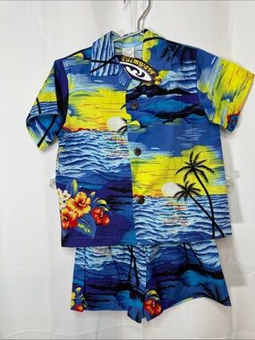 Palms wave Boys Blue & Yellow Hawaiian Shirt Set